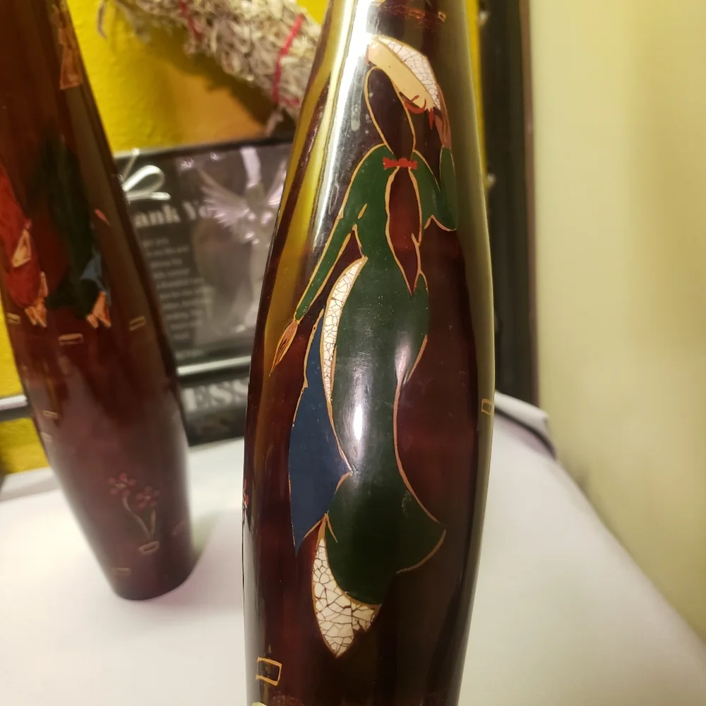 HOST PICK 😊 2 Vtg Oriental Asian Handpainted Bamboo Vases